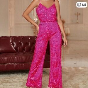 Womens Sequin Cami Jumpsuit- hot pink!